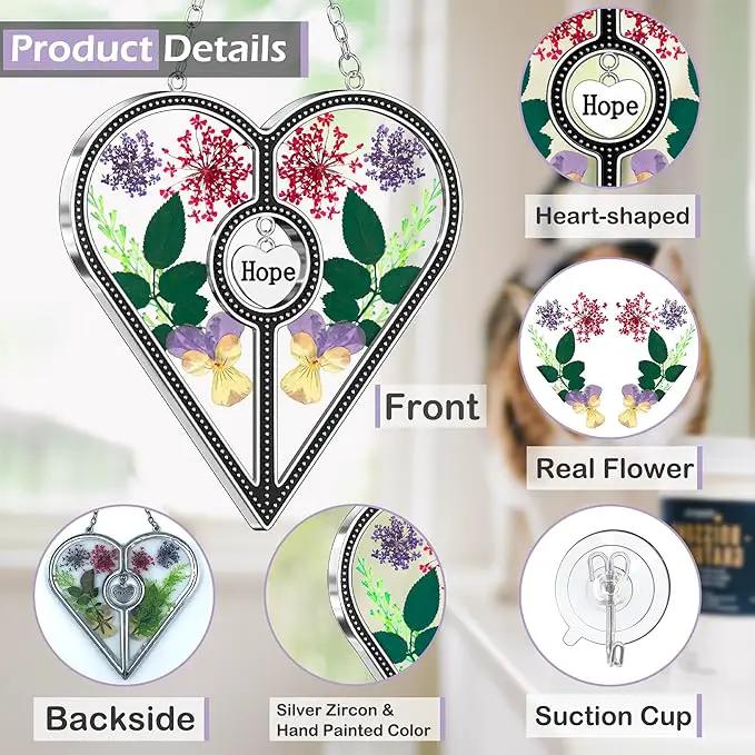KY&BOSAM Heart Suncatcher Hope Stained Glass Panels for Windows Hangings Wind Chime with Pressed Real Flower Heart Embedded in Glass Friend Gifts- Birthday Gifts for Women Mother`s Day Christmas Decor by GreenHaven Gardens