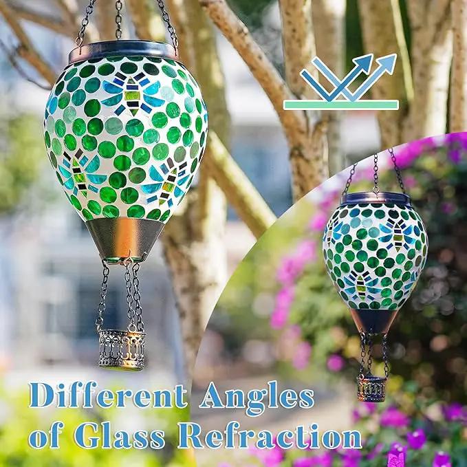 Bee Solar Hot Air Balloon Lantern Outdoor Waterproof, Green Mosaic Glass Hanging Solar Lantern Lights, Outdoor Hanging Lights for Patio Yard Garden Gift for Mom Grandma Women by GreenHaven Gardens