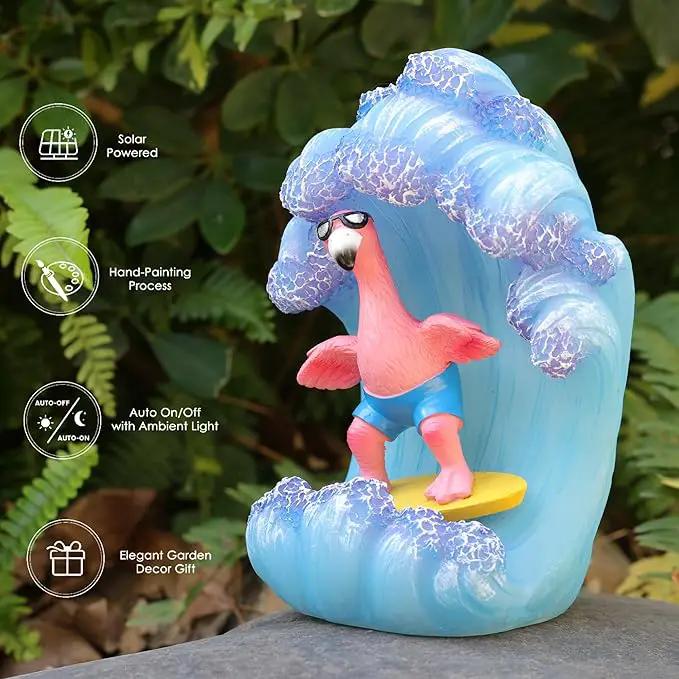 Pink Flamingos for Yard-Garden Statues Solar Outdoor Decor - Surfing Hawaii Beach Yard Art Light up Sea Wave Decor for Patio Lawn Yard