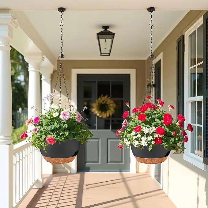 2 Pack 12 Inch Large Hanging Planters with Chains Self Watering Black Brown Plastic Hanging Pots for Indoor Outdoor Plants, Garden Porch Home Decor，Black Brown by GreenHaven Gardens
