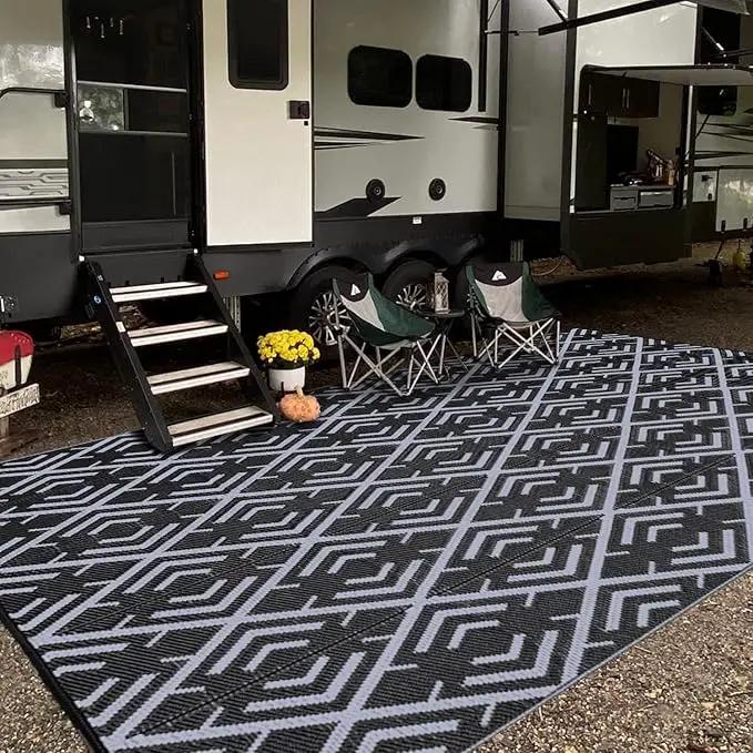 Outdoor Plastic Straw Rug, Waterproof Outdoor Rugs for Patios Clearance, Reversible Area Rug, Large Outside Carpet for Camping, Balcony, RV, Deck, Picnic, Beach (6x9ft Boho/Black&Grey) by GreenHaven Gardens