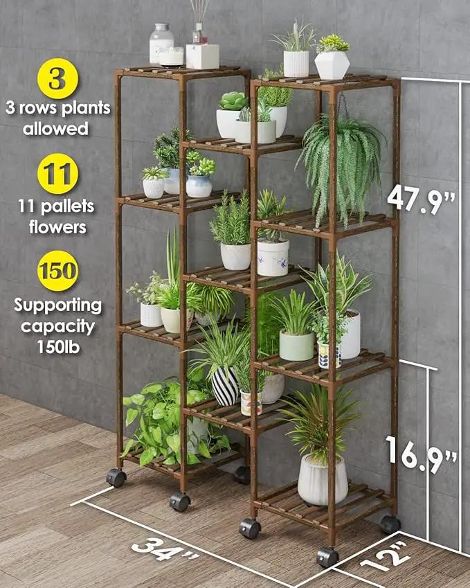 Bamworld Plant Stand With Wheels Indoor Outdoor Wood Plants Shelf for Multiple Plants 11 Pots,Tall Large Flower Holder for Living Room, Patio, Balcony, Garden by GreenHaven Gardens