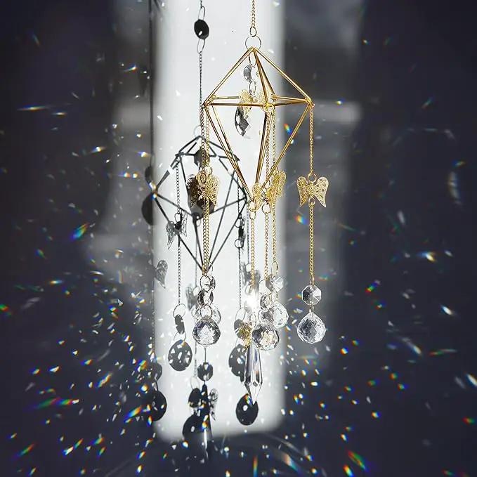 Sun Catchers with Crystals Indoor Window, Handmade Gold Plated Angel Suncatcher, Wind Chime Rainbow Maker Pendant by GreenHaven Gardens