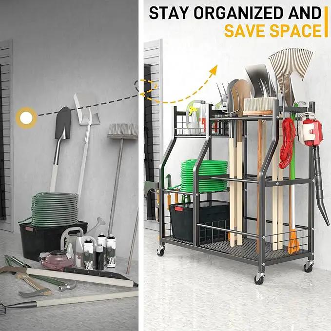 Ultrawall Garden Tool Organizer, Yard Tool Storage Rack for Garage Organization with Lockable Wheels, Garden Tool Stand for Rake, Brooms, Indoor & Outdoor Use by GreenHaven Gardens