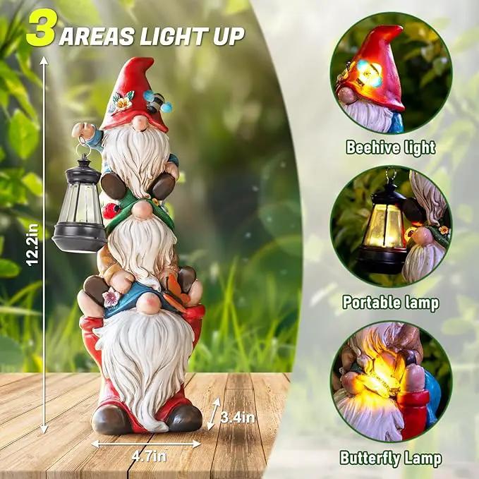Garden Gnome Statue with Solar Lights Large Garden Sculptures Funny Triple Gnome Outdoor Patio Lawn Yard Garden Decor Gifts for Women Mom 12 in Spring Gnomes Outdoor by GreenHaven Gardens