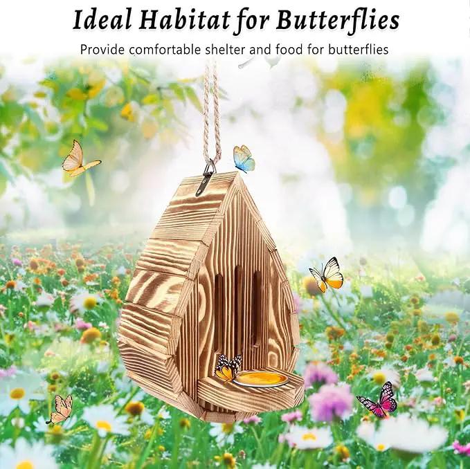 Wooden Butterfly House and Feeder, Hanging Butterfly House for Garden, Natural Butterfly Habitat with Butterfly Puddler for Outside Butterflies, Moths - Backdoor, Easy to Clean by GreenHaven Gardens
