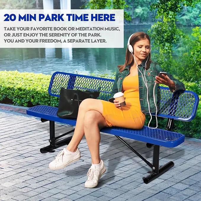 Heavy Duty Park Bench with Back Portable Frame, Outdoor Metal Park Bench with Backrest, Steel Mesh Outdoor Bench for Garden, Lawn, Patio, Porch, Park, Yard (Blue, 72.4" L x 23.2" W x 32.5" H) by GreenHaven Gardens