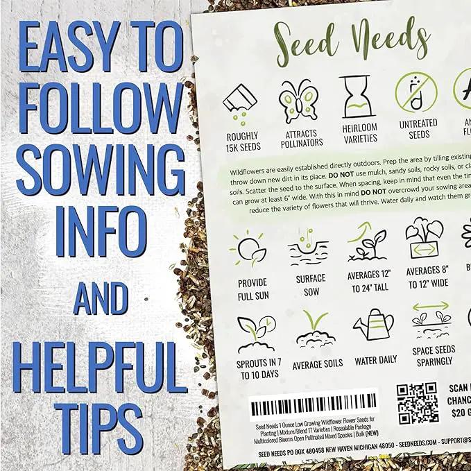 Seed Needs Low Growing Wildflower Flower Seeds for Planting | 5 Packs (1 Ounce Each) Mixture/Blend 17 Varieties | Resealable Package Multicolored Blooms Open Pollinated Mixed Species | Bulk by GreenHaven Gardens