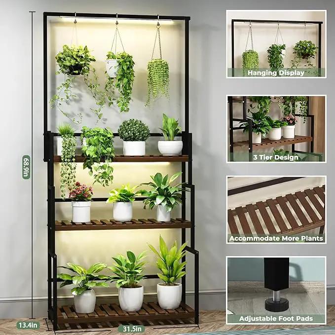 Hanging Plant Stand with Grow Light, 3 Tier Metal Plant Stand for Indoor Plants Multiple, Large Plant Shelf Display Holder, Ladder Shape Plant Rack for Living Room, Patio, Balcony by GreenHaven Gardens
