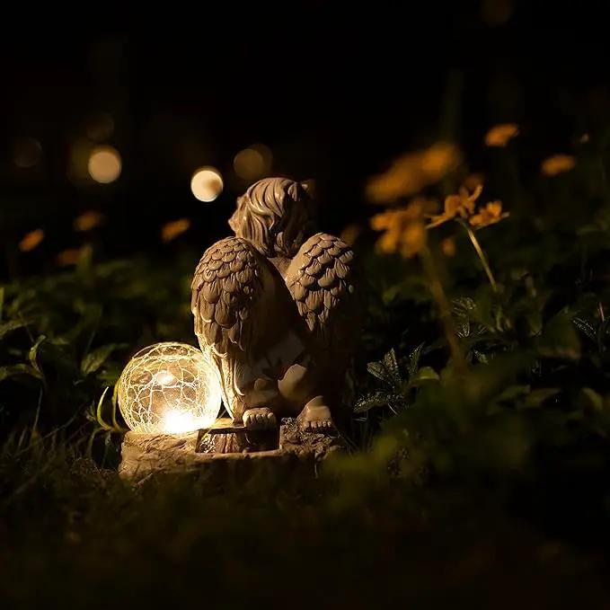 Angel Decor Praying Cherubs Statue, Garden Decor with Solar Crackle Glass Globe for Lawn Patio Decorations by GreenHaven Gardens