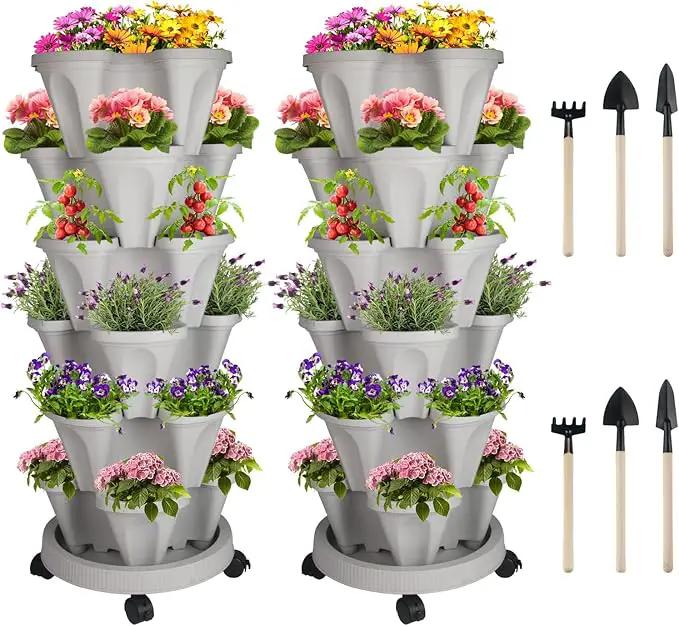 Vertical Planter 6 Tier Stackable Planters Garden Planters Strawberry Herb Flower and Vegetable Planter Indoor Outdoor Gardening Pots with Removable Wheels and Tools 2-Pack by GreenHaven Gardens