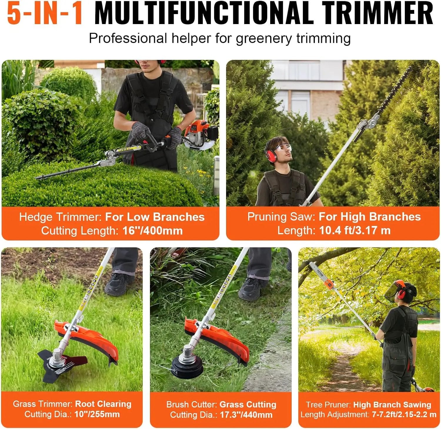 VEVOR 5-in-1 26cc 2 Cycle Gas Powered Dual Sided Hedge Trimmer, Weed Eater, String Trimmer, Edger, Pole Saw Chainsaw Pruner with EPA, CE and EMC Certification by GreenHaven Gardens