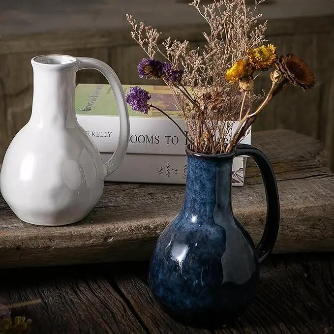 Blue Ceramic Vase with Big Handles, Modern Farmhouse Decor, Rustic Pottery for Flowers, Decorative Terracotta Centerpiece for Dining Table by GreenHaven Gardens