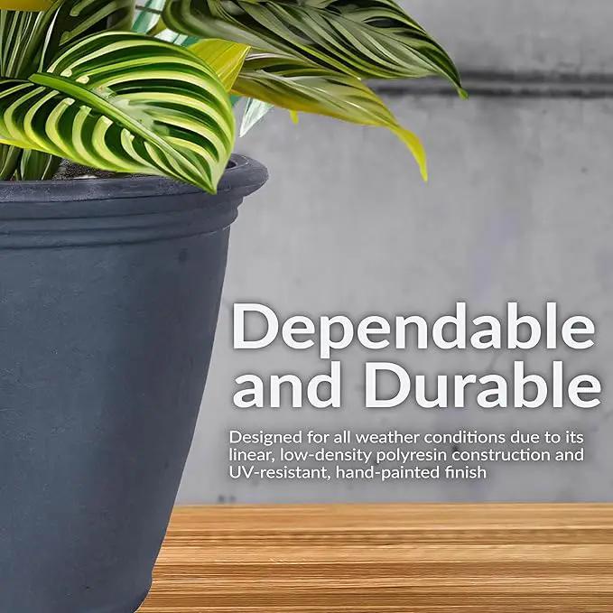 Sunnydaze 24-Inch Anjelica Large Plastic Pot for Plants - Outdoor Polyresin Round Planter with Drillable Drainage Holes - Slate - 4pk by GreenHaven Gardens