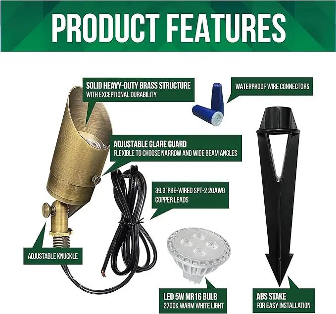 GKOLED Solid Brass Spotlight Low Voltage Landscape Lighting, LED Outdoor Lights for Garden Patio Yard, Directional Up and Down Light with 5W MR16 Bulb, 12V 2700K Warm White, 2 Pack by GreenHaven Gardens