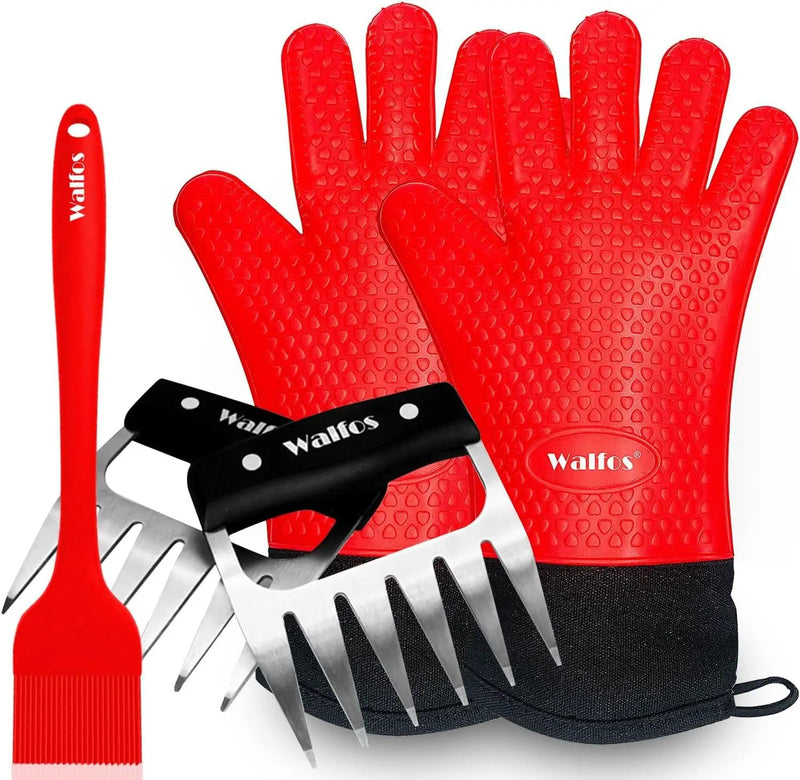 Walfos Silicone BBQ Gloves - Heat Resistant Grilling Gloves Set with Pork Shredder Claws & Brush, Non-Slip Kitchen Silicone Oven Mitt with Protective Cotton Layer, Suit for Indoor & Outdoor, Red by GreenHaven Gardens