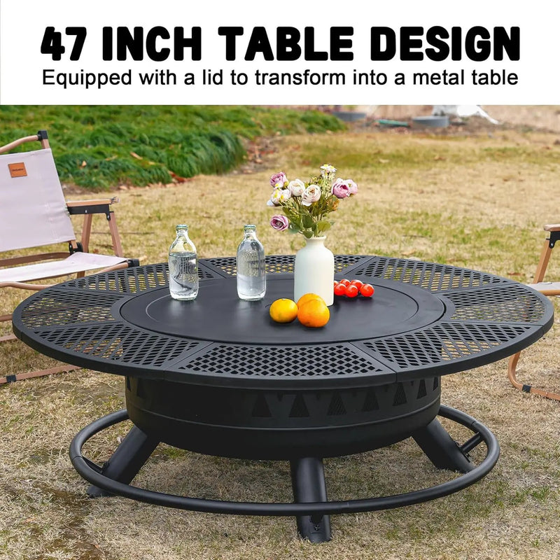 47 Inch Fire Pit with 2 Grills, Outdoor Extra Large Firepits for Outside, Wood Burning Fireplace for Camping,Picnic,Bonfire, 3-in-1 Round Metal Table with Lid for Backyard,Patio,Party by GreenHaven Gardens