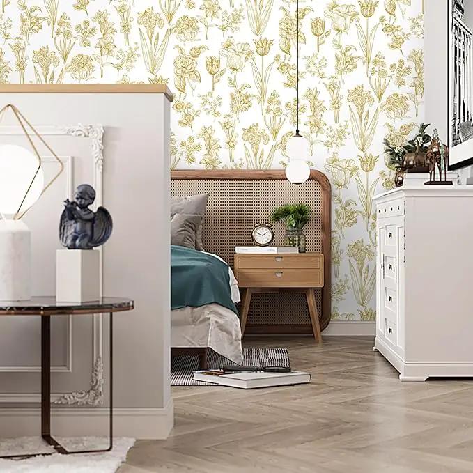 Dimoon 393"x17.3" Floral Wallpaper Peel and Stick Flowers Golden White Contact Paper Thicken Waterproof Modern Self Adhesive Plants Wallpaper Removable Wall Paper Shelf Vinyl Roll by GreenHaven Gardens