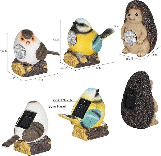 Outdoor Garden Solar Decor Light Set of 3 (2 Birds,1 Hedgehog) | Waterproof Solar Powered Lights for Yard, Patio & Walkway | Energy-Efficient & Weatherproof Garden Decor by GreenHaven Gardens