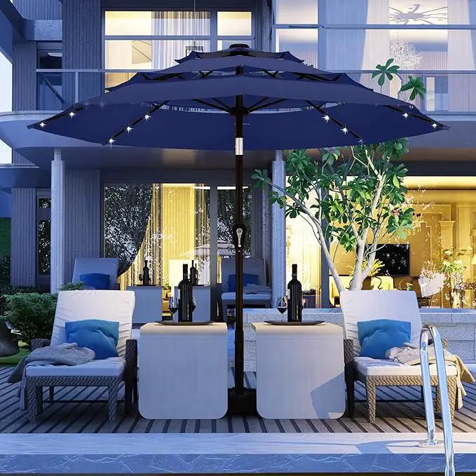 Kingdura 10ft 3-Tier Patio Umbrella with Solar Lights, Table Umbrella Outdoor Patio with Easy Crank & Tilt, 8 Sturdy Ribs, UV Protection, 32 LED Lights for Deck, Poolside, Market (Navy blue) by GreenHaven Gardens