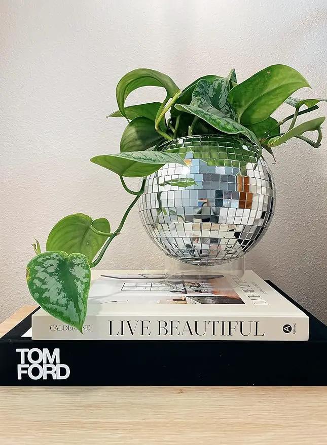 Hanging Disco Ball Planter 8" - with Acrylic Stand and Macrame Plant Hanger - Home Décor, Room Décor, Patio or Boho Décor, Mirror Disco Planter, Disco Decor (8" with Base) by GreenHaven Gardens