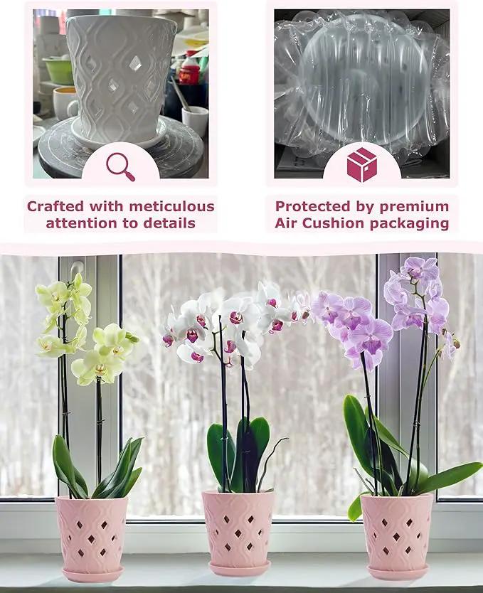 Whispering Winds Ceramic 5 x 6 Inch Orchid Pot with Holes & Saucer for Aeration and Drainage - Decorative Orchid Pots for Repotting, Prevent Over Watering & Root Rot (Cavern Pink) by GreenHaven Gardens