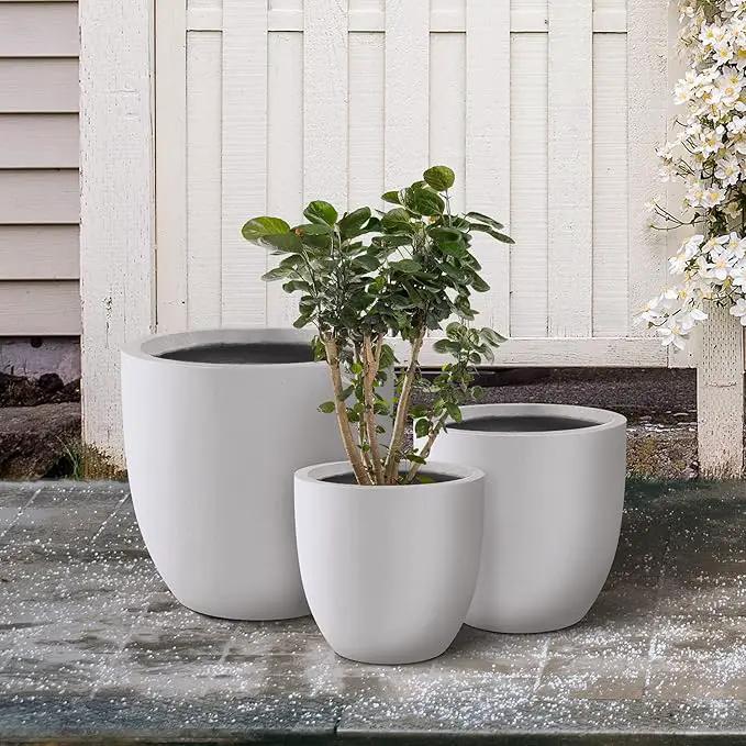 Kante 18",14",10" Dia Concrete Round Planters (Set of 3), Outdoor Indoor Large Planter Pots with Drainage Hole for Home Patio Garden, Pure White by GreenHaven Gardens