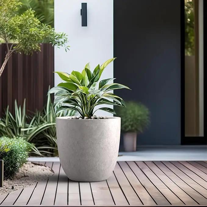 Kante 18 Inch Dia Round Concrete Planter, Indoor Outdoor Large Plant Pot with Drainage Hole and Rubber Plug for Home Patio Garden, Light Gray by GreenHaven Gardens