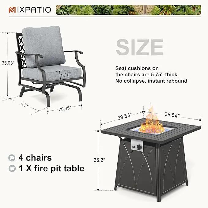 Patio Furniture Set with Fire Pit Table, 5 Pcs Metal Outdoor Conversation Set, 4 Rocking Chairs with 5.75" Extra Thick Cushion and 28" Fire Pit Table for Backyard Deck, Grey by GreenHaven Gardens