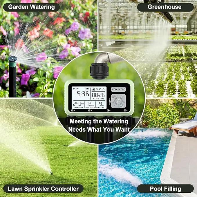 4 Outlet Sprinkler Timer, Programmable Garden Hose Timer with Rain Delay, Manual& Automatic Watering System, Waterproof Gardening Supplies Irrigation Controller for 4 Separate Water Zones by GreenHaven Gardens
