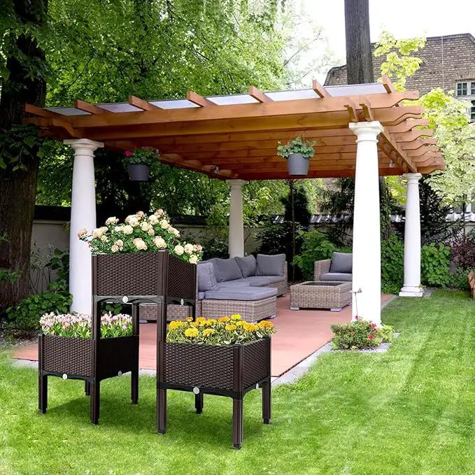MAYOLIAH Raised Garden Bed with Drainage Elevated Planter Box Plastic Raised Beds for Gardening Vegetables Herb Flowers, Perfect for Indoor Outdoor Planting, 3 Boxes Brown by GreenHaven Gardens