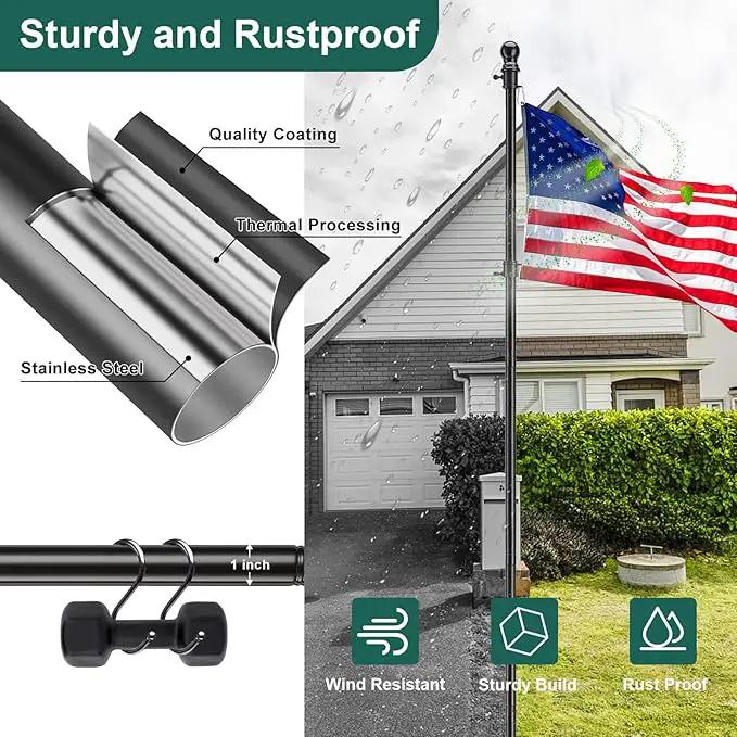 Yard Flag Pole for Outside House in Ground - 8.5 ft Tangle Free Stainless Steel Flagpole with 2 Anti-Tip Prong Base,Portable Flag Pole kit with 3x5 American Flag for Outdoor RV Camper,Black by GreenHaven Gardens