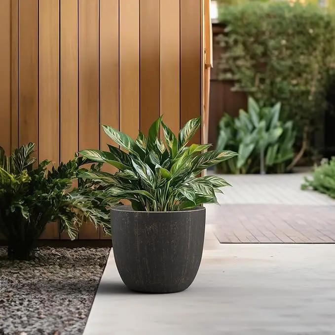 Kante 14 Inch Dia Round Concrete Planter, Indoor Outdoor Large Plant Pot with Drainage Hole and Rubber Plug for Home Patio Garden, Oil Rubbed Bronze by GreenHaven Gardens