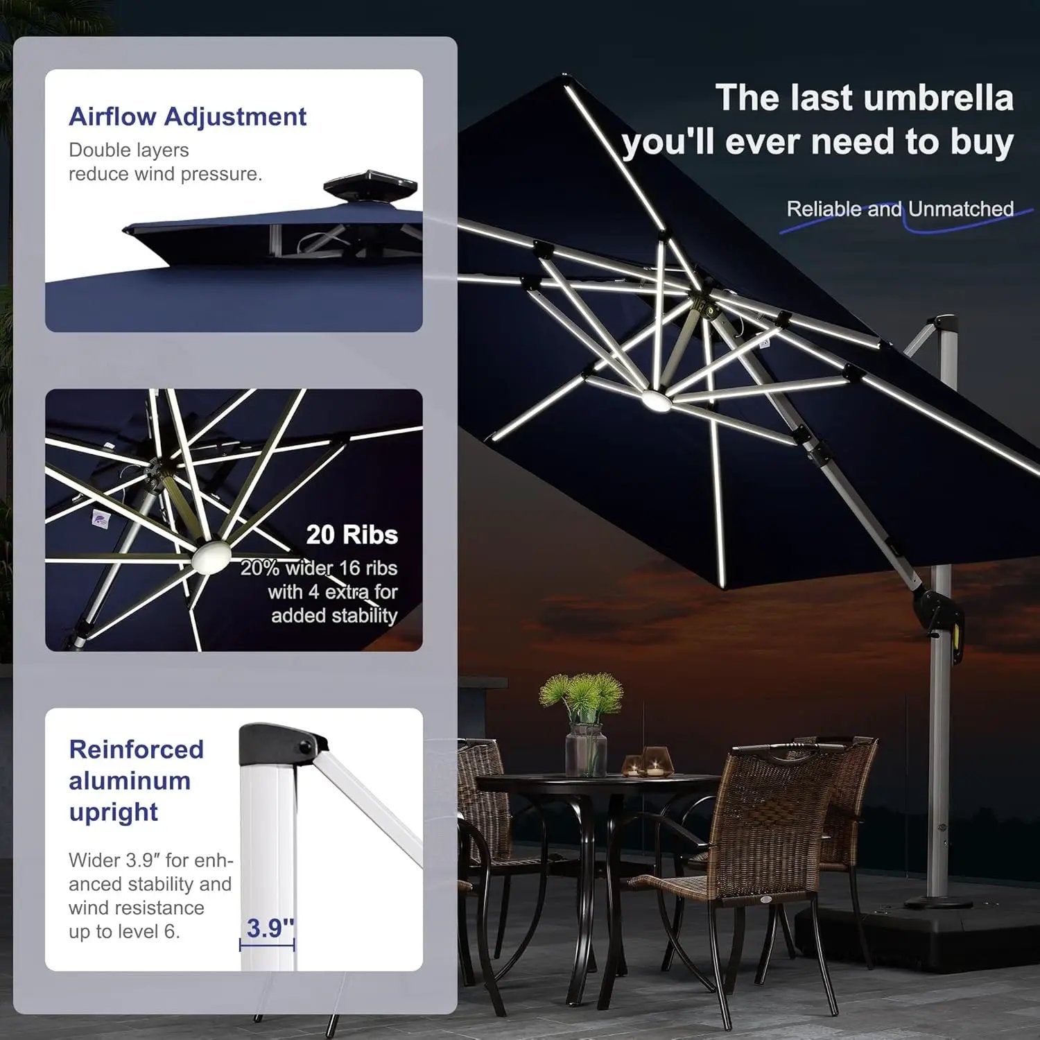 PURPLE LEAF 10 Feet Double Top Deluxe Solar Powered LED Square Patio Umbrella Offset Hanging Umbrella Outdoor Market Umbrella Garden Umbrella, Navy Blue by GreenHaven Gardens