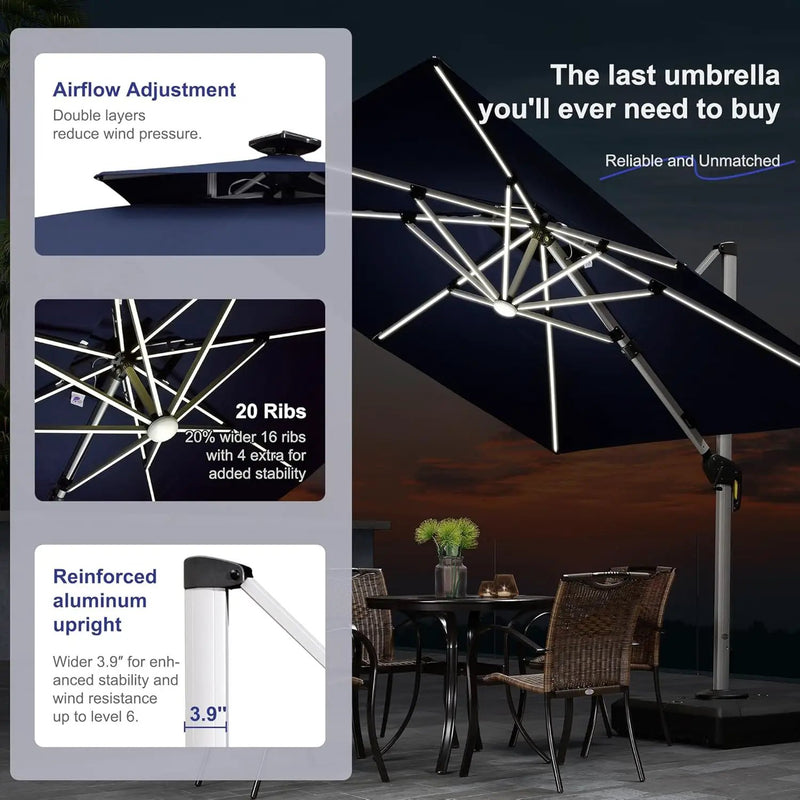 PURPLE LEAF 9' X 12' Double Top Deluxe Solar Powered LED Rectangle Patio Umbrella Offset Hanging Umbrella Outdoor Market Umbrella Garden Umbrella,Navy Blue by GreenHaven Gardens