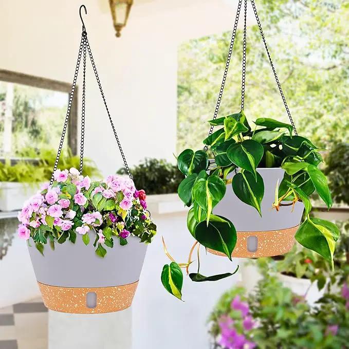 QCQHDU 2 Pack Hanging Planters for Indoor Outdoor Plants, 10 Inch Hanging Baskets Flower Pots with Reservoir Tray & Visible Water-Level by GreenHaven Gardens