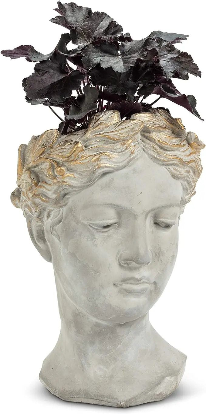 Abbott Collection Aphrodite Head Planter – Large Indoor and Outdoor Planter Pots - Whimsical Woman Statue Head Planter for Flowers and Succulents (10 inch, Grey/Gold) by GreenHaven Gardens
