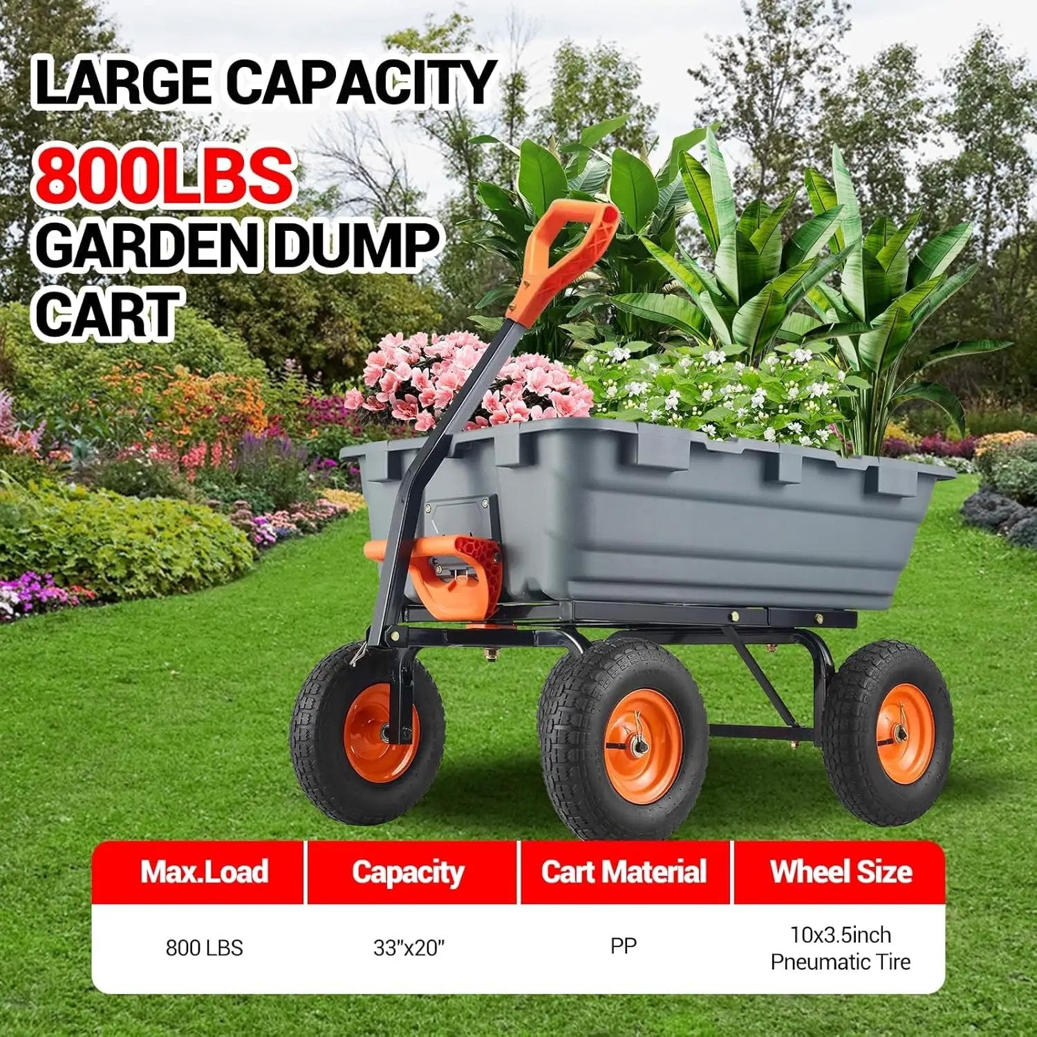 Garvee 800 lbs Poly Garden Dump Cart, Heavy-Duty Wheelbarrow with 10-Inch Tires, 180° Rotating Handle, Steel Frame and Quick Release System Garden Dump Cart for Soil Plants Gardening Tools Wood by GreenHaven Gardens