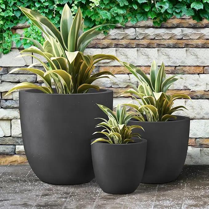 Kante 18",14",10" Dia Concrete Round Planters (Set of 3), Outdoor Indoor Large Planter Pots with Drainage Hole and Rubber Plug for Home Patio Garden, Black by GreenHaven Gardens