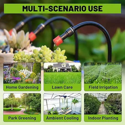 Garden Drip Irrigation Kit, 100ft Black Hose, 360° Pure Copper Closeable Nozzle, Patio Misting Plant Watering Sprinkler, Faucet Separator, Sprinkler Hose Adapter (28 360° nozzles + 28 T-connectors) by GreenHaven Gardens