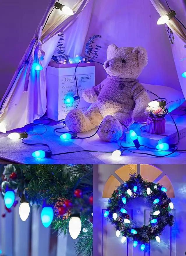 C9 LED Christmas Lights Outdoor, 50 Feet C9 String Lights with 50 Shatterproof Matte Bulbs, Connectable Waterproof Christmas Tree Lights for Holiday Roofline Backyard Garden Decor, Blue & Pure White by GreenHaven Gardens