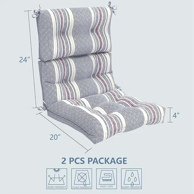 LVTXIII Outdoor Tufted High Back Cushions Set of 2 Patio Seasonal Replacement Rocking Chair Cushion with Ties, Solid Seat and Back Chair Cushion, (44” L x 22W”, Stripe Denim Blue) by GreenHaven Gardens