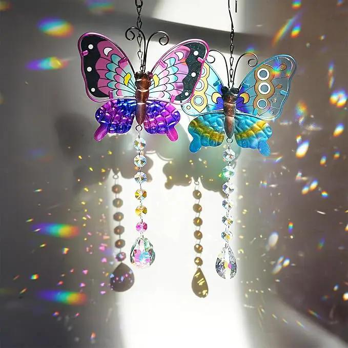 Set 2 Metal Butterfly Suncatchers for Windows - 14" Outdoor Fence Wall Art Decor, Rainbow Prisms Sun Catchers with Crystals Hanging for Home Garden Ornament by GreenHaven Gardens