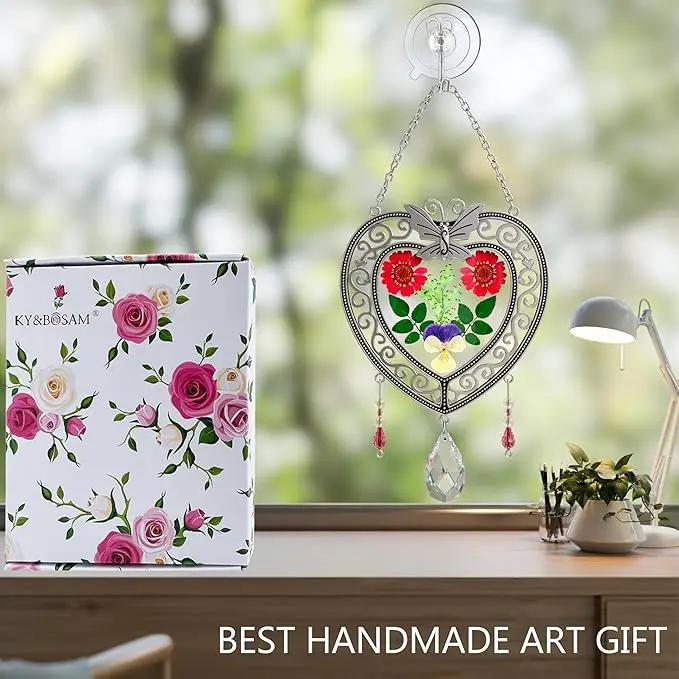 KY&BOSAM Heart Suncatcher Crystal Tree of Life Stained Glass Panles Real Flower Hangings for Windows Home Garden Outside Wind Chime Decor Birthday Gifts for Women Mother`s Day Christmas Ornament by GreenHaven Gardens