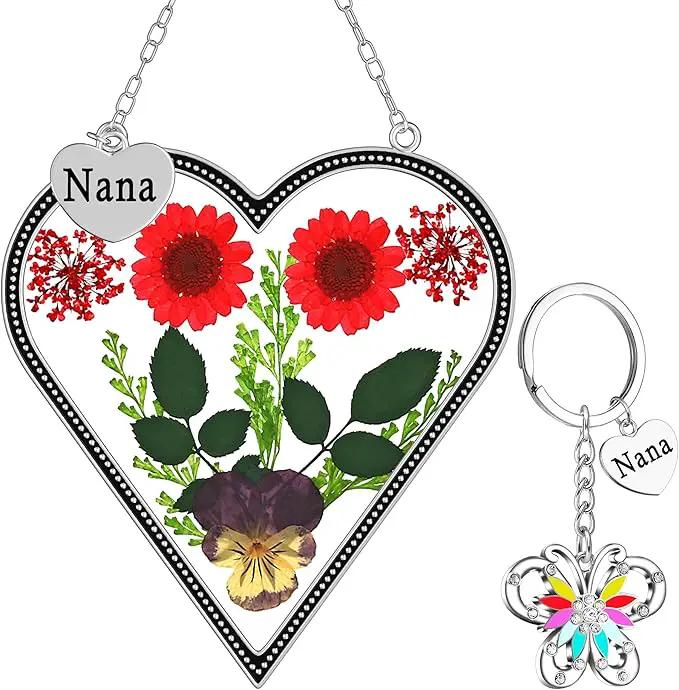 KY&BOSAM Heart Suncatcher Nana Gift for Nana Stain Glass Wind Chime for Window Pressed Flower Between Heart Glass Metal Engraved Charm Gift for Mother's Day Valentine's Birthday Thanksgiving Christmas by GreenHaven Gardens