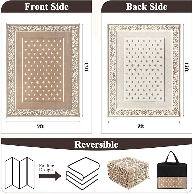 Pauwer Waterproof Outdoor Rug 9x12, Reversible Plastic Straw Patio Camping Rug, Indoor Outdoor RV Mat Carpet for Deck, Camper, Porch, Balcony, Backyard, Picnic, Bordered Beige by GreenHaven Gardens