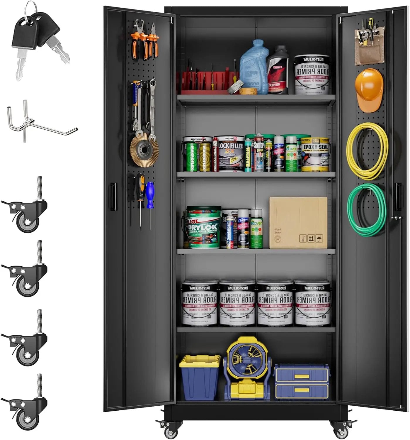 73" H Metal Garage Storage Cabinet with Wheels & Pegboard,Rolling Tool Cabinet with 2 Doors and 4 Shelves for Garage,Home,Office,Warehouse,Workshop, Required-Assembly,Black by GreenHaven Gardens