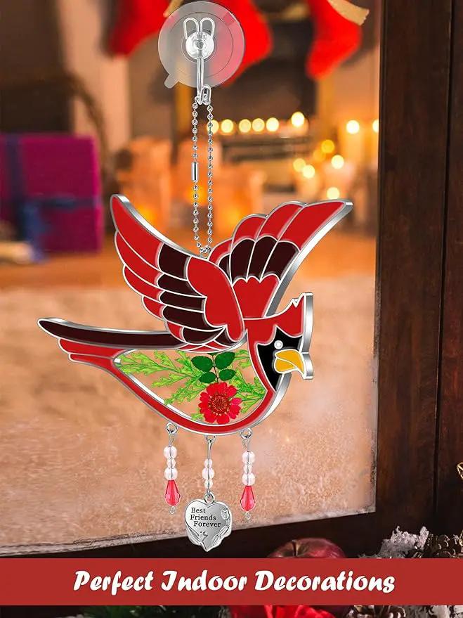 KY&BOSAM Best Friend Forever Cardinal Suncatcher Gifts for Friend Hand-Painted Garden Ornament Hanging Wind Chime with Pressed Flower Cardinal Embedded in Glass Mother`s Day Birthday Christmas by GreenHaven Gardens