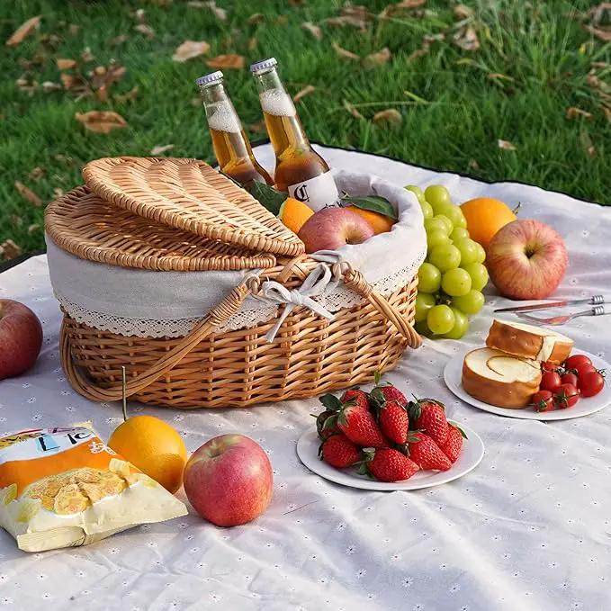 Happypicnic Wicker Picnic Basket with Handle, 15" Large Empty Picnic Basket with Lid & Removable Liner, Vintage Hand Woven Basket for Picnics, Camping, Veg Picking, Mother's Day, Thanksgiving (Solid) by GreenHaven Gardens