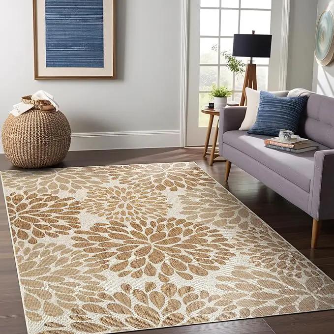 Beverly Rug Outdoor Rug 9x12 Modern Exotic Tropical Leaf Area Rugs for Indoor and Outdoor Patio Deck Porch Garden Water Resistant Washable Outside Carpet (9 x 12 Beige) by GreenHaven Gardens